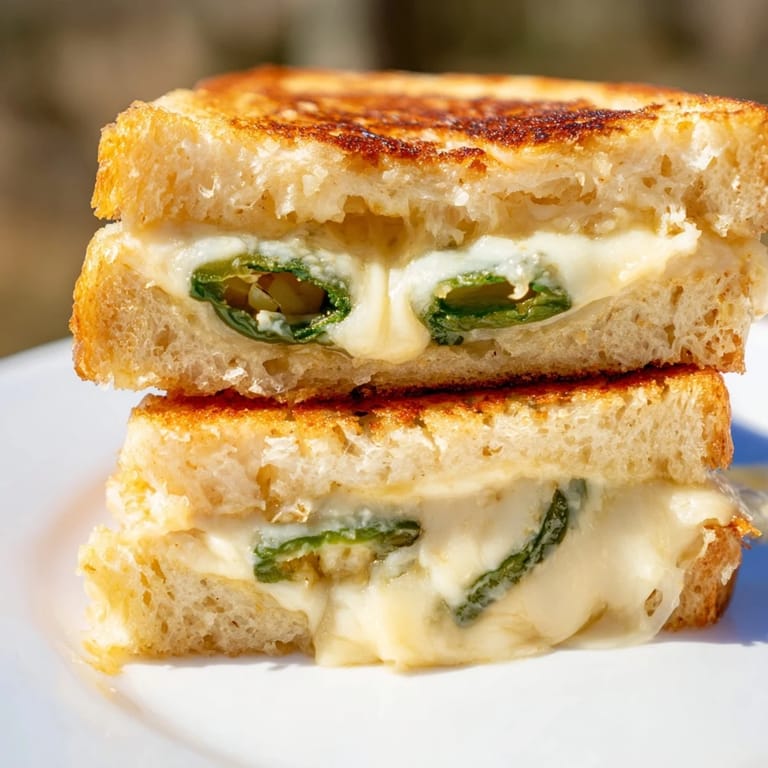 A hot skillet with a golden Jalapeño Havarti Grilled Cheese cooking, melted cheese bubbling and jalapeños visible inside the crispy bread.