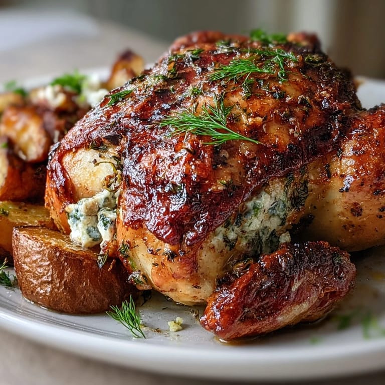 Juicy roasted chicken and potatoes, brightened with lemon, herbs, and feta sprinkle.