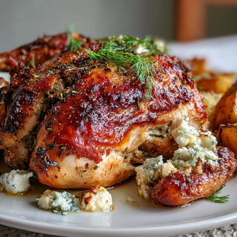 Lemon herb roasted chicken with tender potatoes and creamy feta topping.
