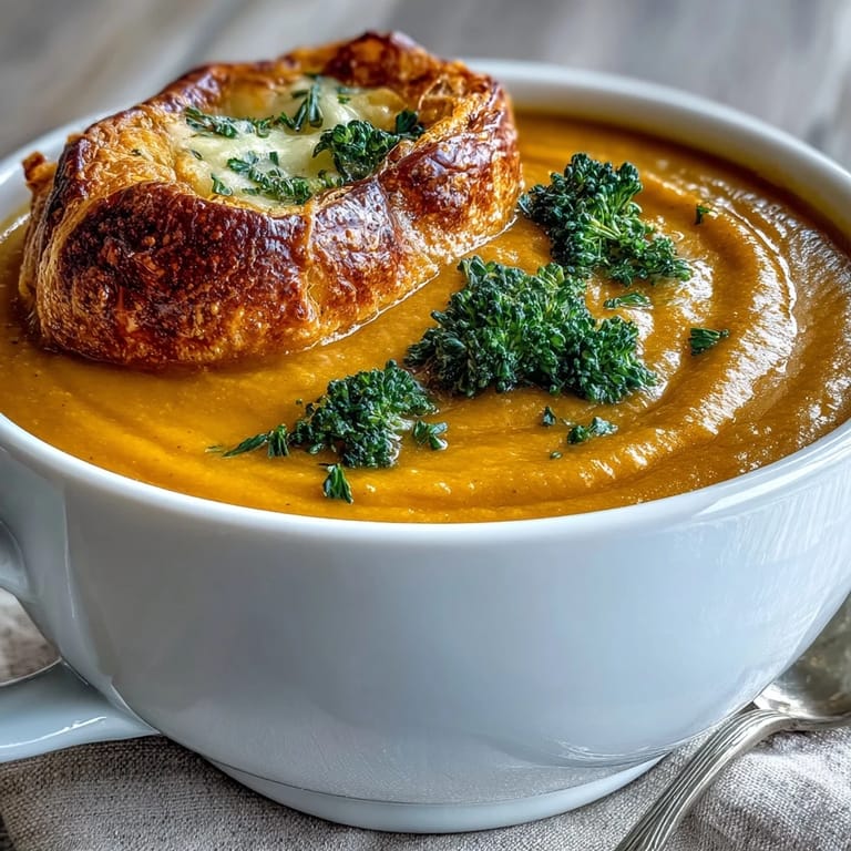 A bowl of velvety Creamy Broccoli and Butternut Squash Soup With Pastries topped with a golden puff pastry square.
