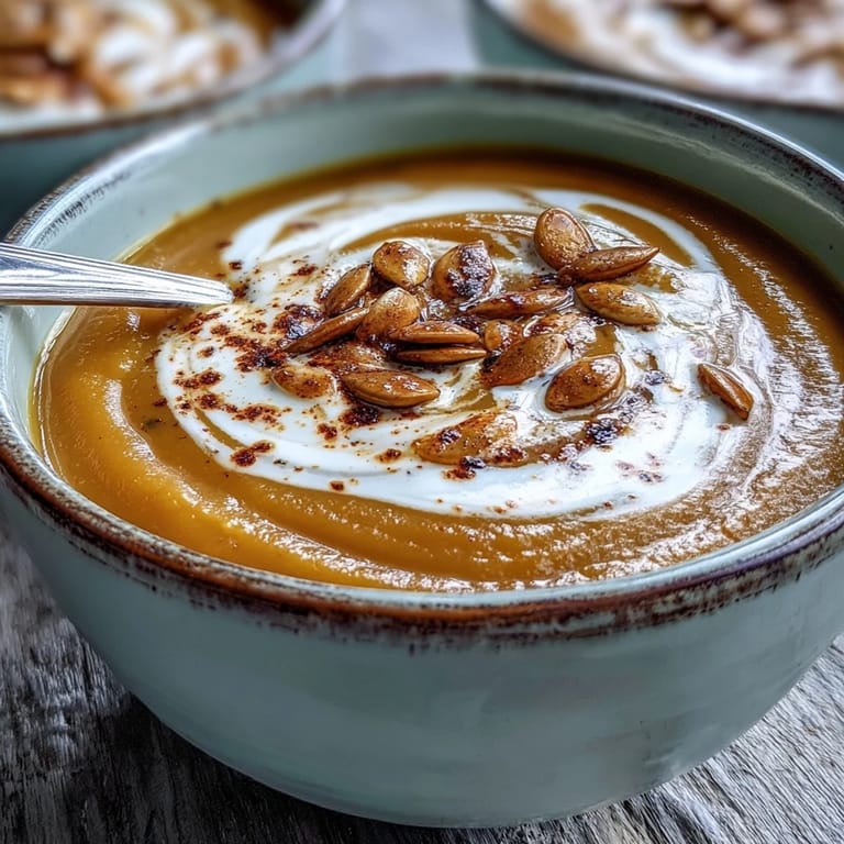 Golden Butternut Squash and Apple Soup is served steaming hot in a rustic earthenware bowl.