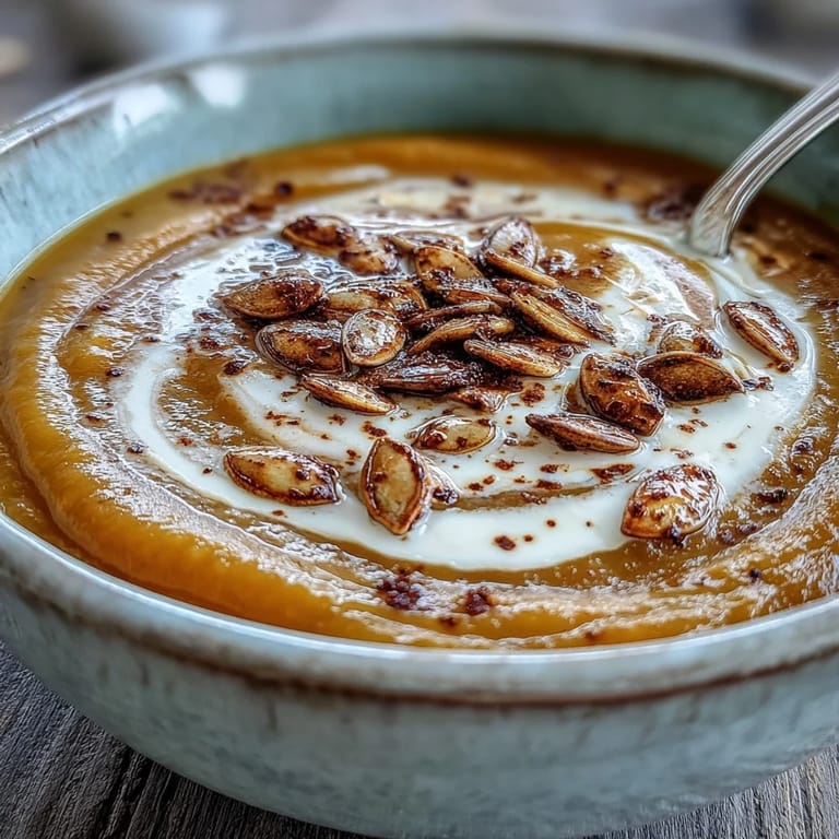 Vibrant orange Butternut Squash and Apple Soup garnished with fresh thyme and a crusty bread slice.