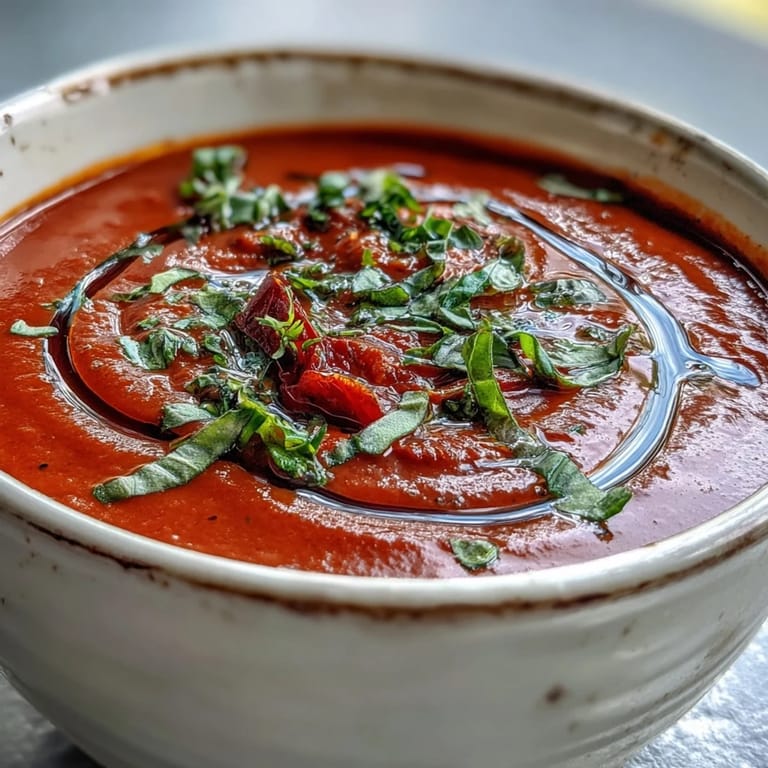 Freshly blended Roasted Tomato Basil Soup with a swirl of cream, garnished with basil, served with rustic toasted bread.