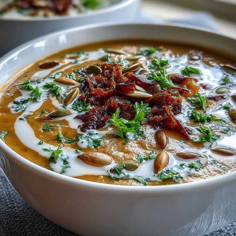 Healthy vegetarian roasted broccoli and butternut squash soup topped with fresh herbs in a cozy setting.