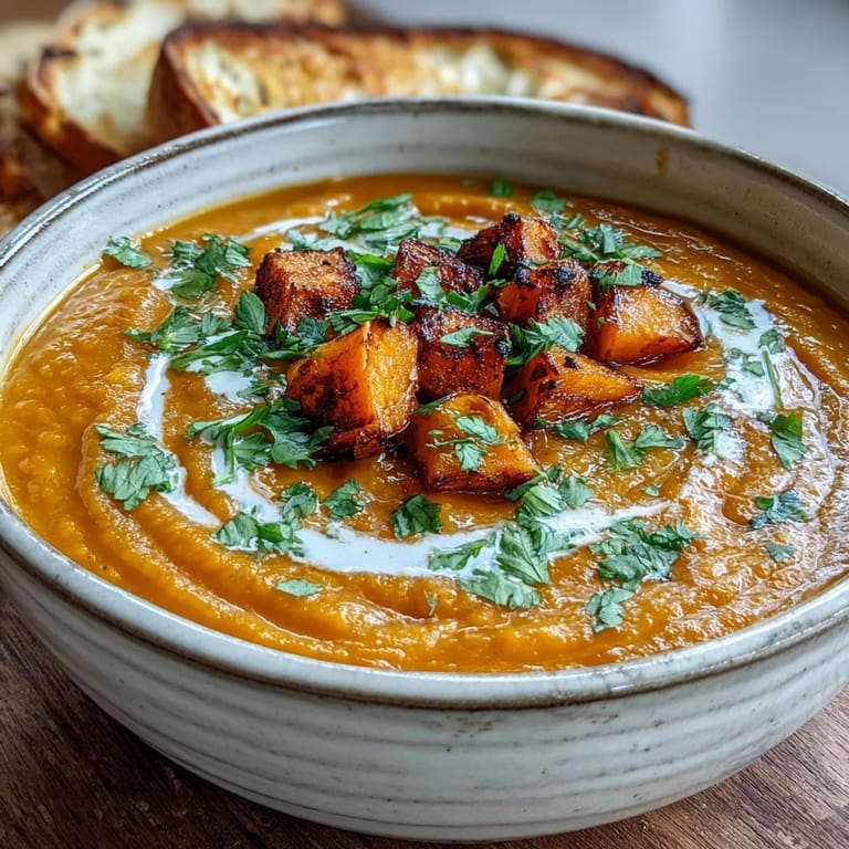 A close-up of creamy Butternut Squash and Lentil Soup in a rustic bowl, topped with parsley and a warm spoon.
