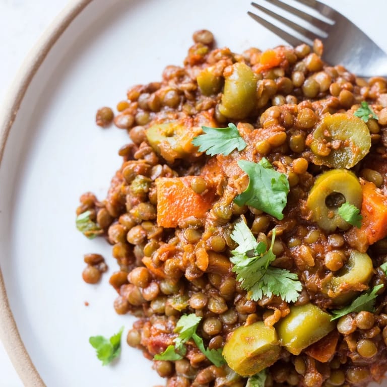 A close-up of plant-based Cuban-Inspired Lentil Picadillo reveals a hearty skillet of spiced lentils, chopped carrots, and bell peppers simmering with tomato paste and savory seasonings.