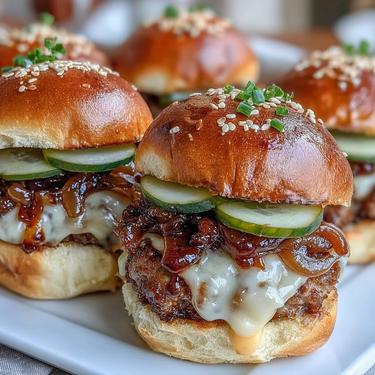 Freshly baked Touchdown Brat Sliders stacked high, showcasing golden buns, tangy pickles, and rich beer cheese for a savory game day bite.