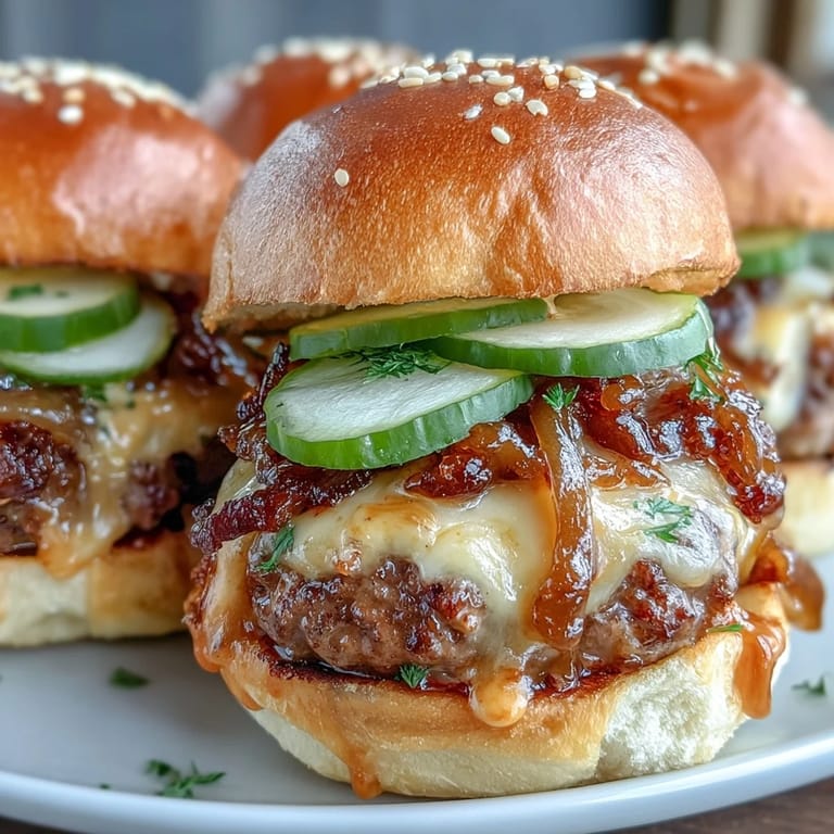 Golden-brown Touchdown Brat Sliders served hot on a wooden board, garnished with caramelized onions and dill pickles for a perfect snack.