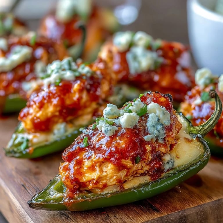 Golden-brown, tender jalapeño halves stuffed with creamy blue cheese and shredded chicken.