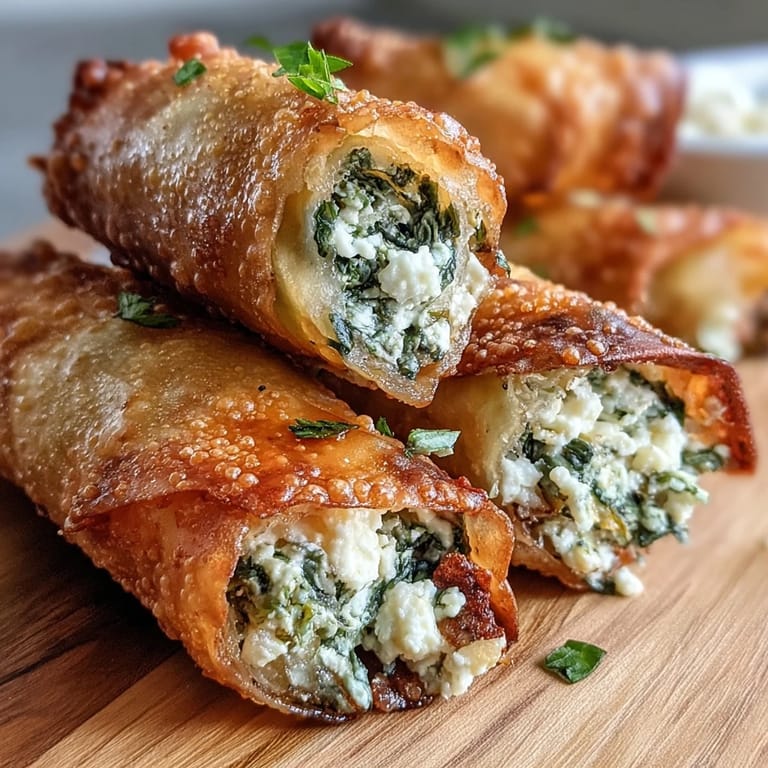 Freshly fried Spanakopita Spring Rolls served on a plate with lemon wedges for a bright Mediterranean flavor.