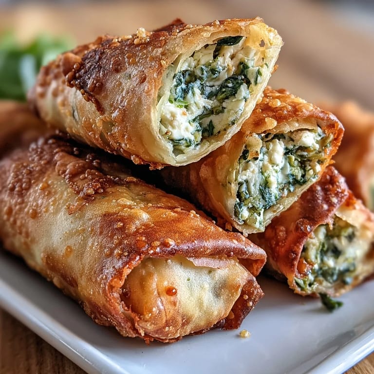 A close-up of crispy Spanakopita Spring Rolls showing flaky layers and green spinach filling with feta cheese.