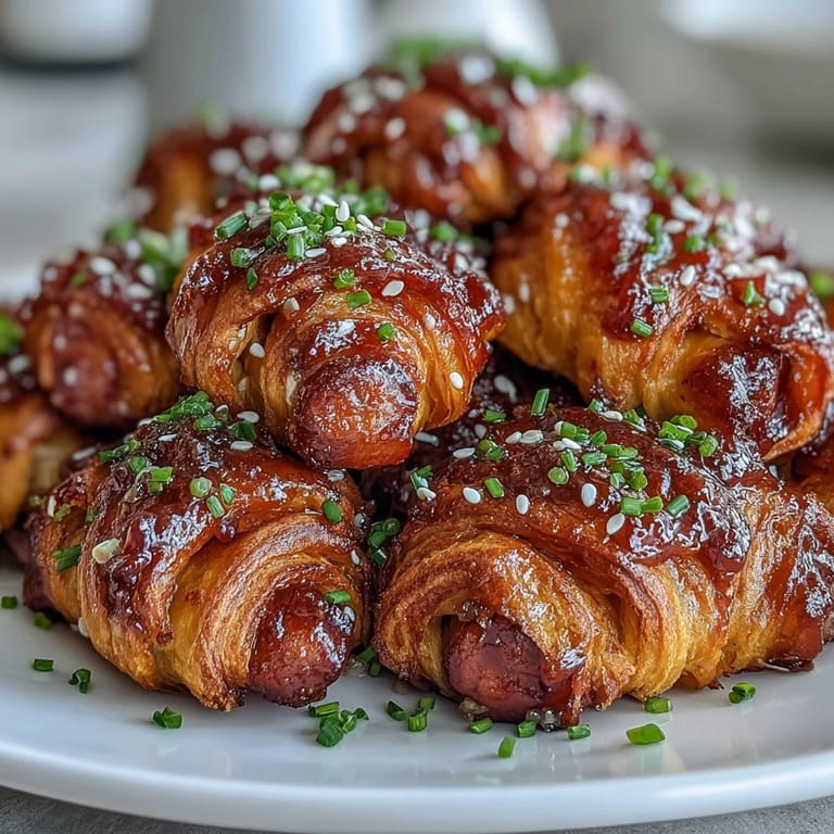 A close-up of Pepper Jelly Hogs in a Blanket, showing the juicy sausage wrapped in buttery pastry with a glossy, crimson glaze.  