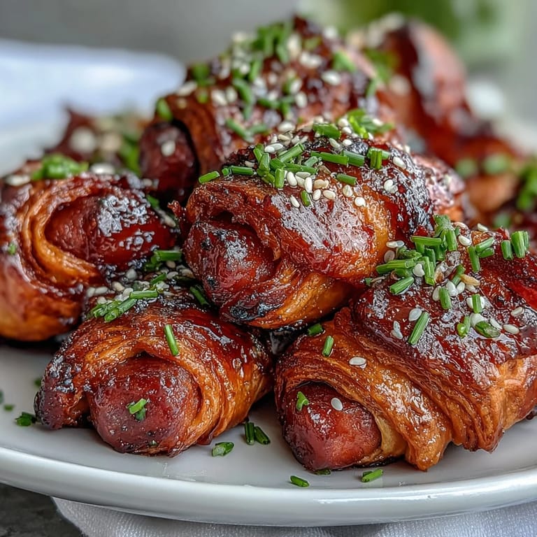 Ready to serve Pepper Jelly Hogs in a Blanket on a party platter, garnished with fresh chives for a sophisticated appetizer.