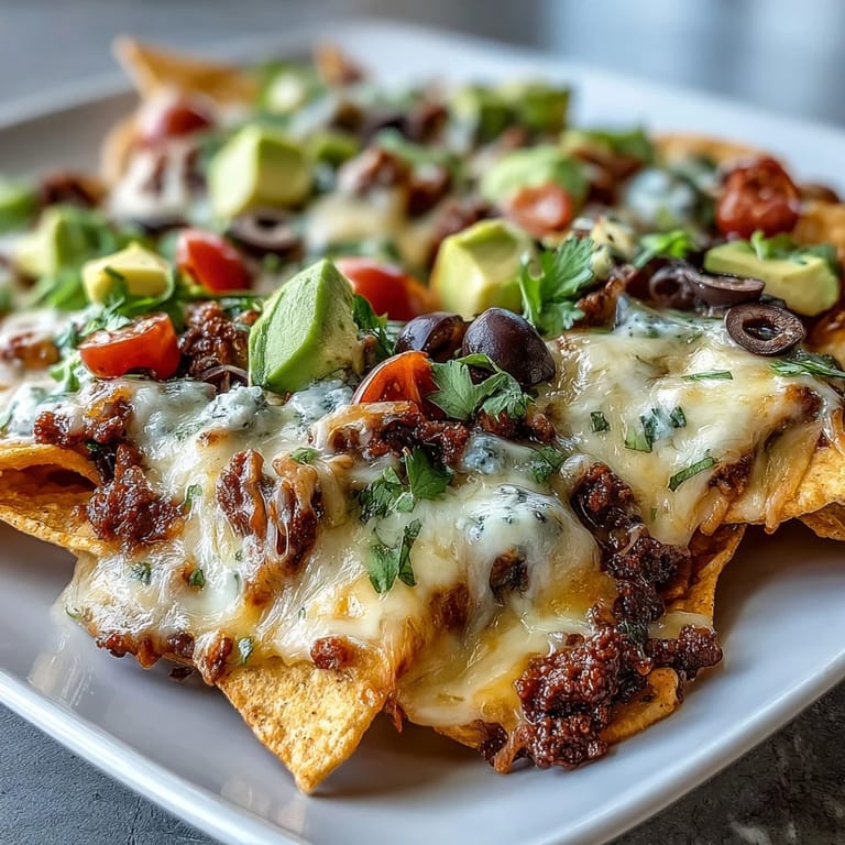 Crispy tortilla chips loaded with savory ground beef and Monterey Jack cheese for easy party snacking.