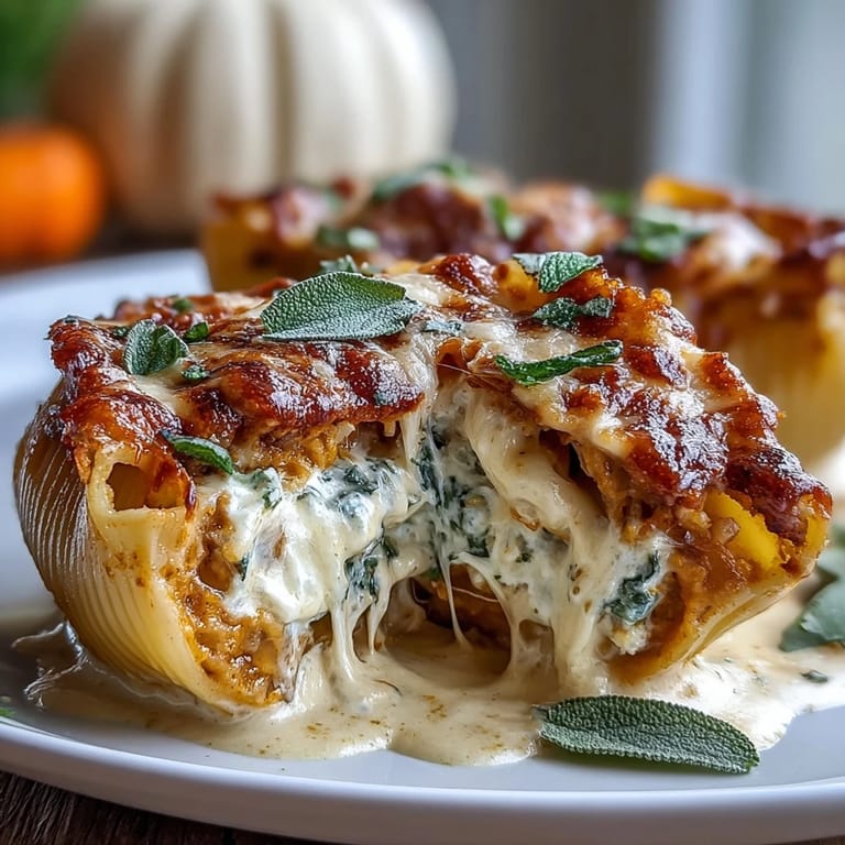 Savory Pumpkin & Gouda Stuffed Shells are plated beside a fresh salad for a complete fall dinner.