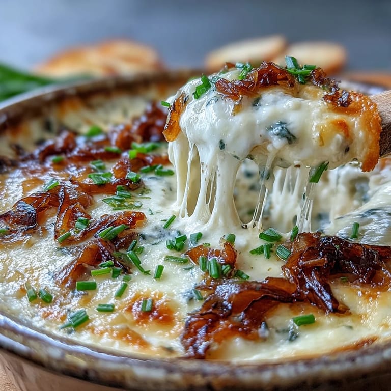 Creamy Smoked Gouda & Onion Dip steams beside crisp veggies, perfect for a party appetizer.