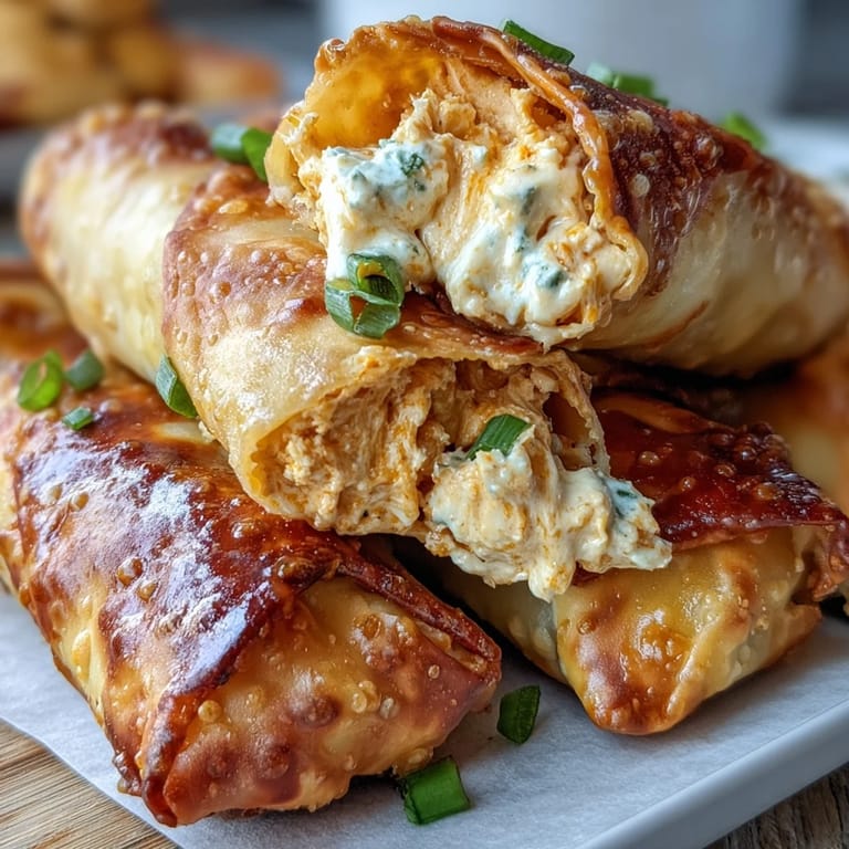 A platter of baked Buffalo Chicken Dip Egg Rolls served with a side of creamy ranch dipping sauce.