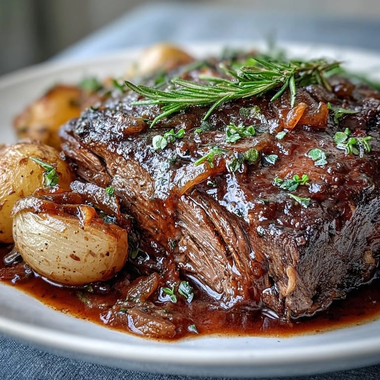 Savory beef pot roast served over buttery egg noodles, garnished with fresh parsley for a rustic family dinner.