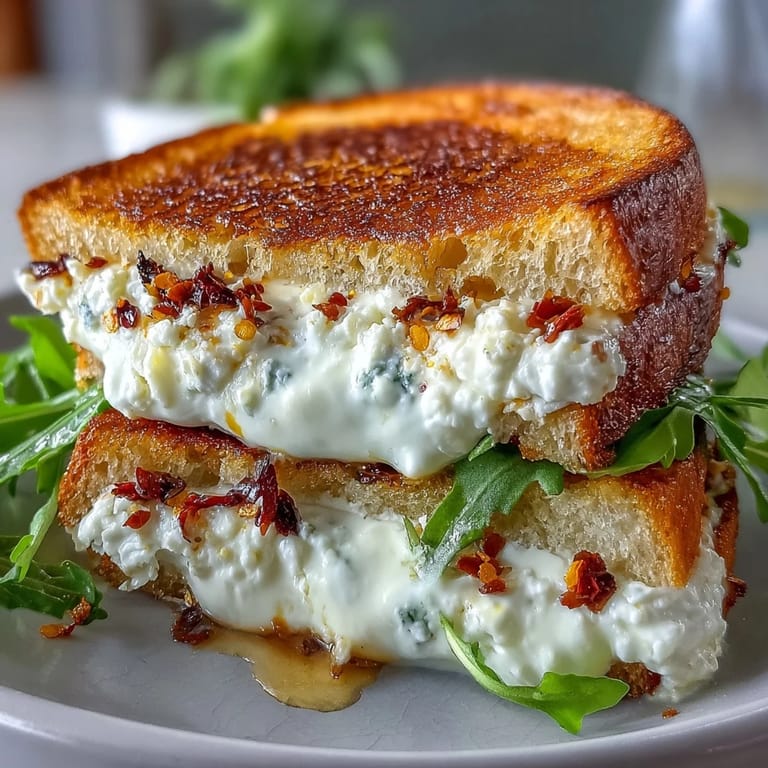 Freshly cooked Goat Cheese Grilled Cheese with Honey & Chili Flakes on a plate with honey dipper and chili flakes nearby. 