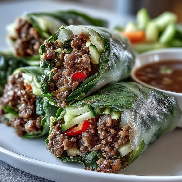Fresh Thai Basil Beef Rolls are plated with a vibrant, spicy dipping sauce for a restaurant-style appetizer.