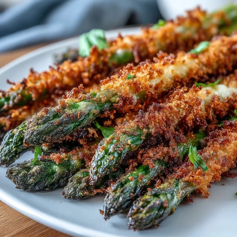 Crispy Asparagus Asiago Spears resting on a parchment-lined tray, showing a crunchy golden coating and tender green stalks.