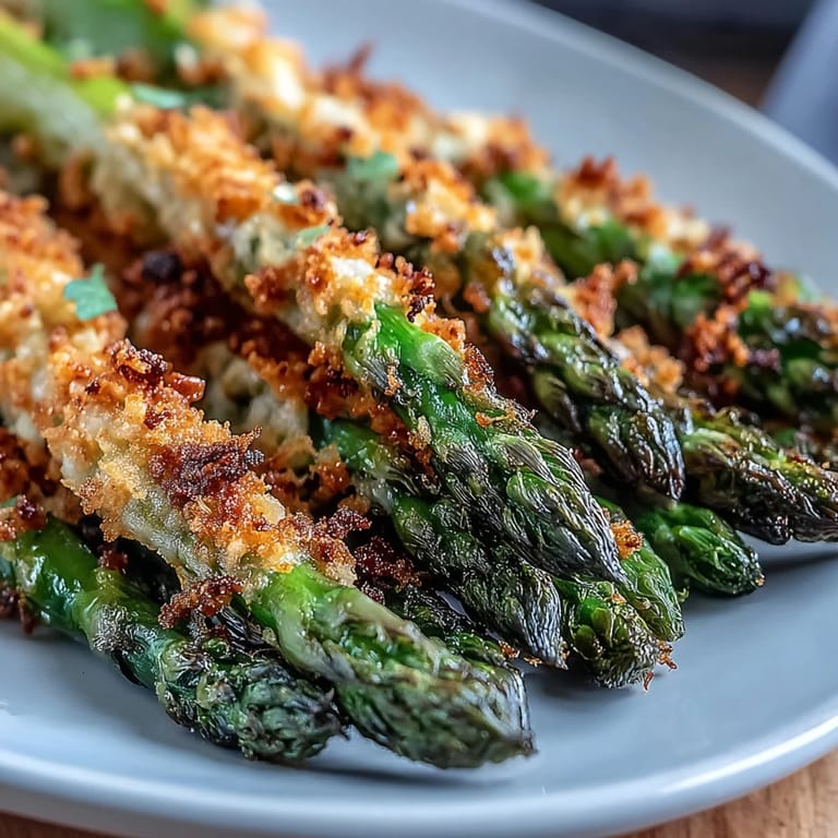 Cheesy panko-crusted Asparagus Asiago Spears arranged neatly on a platter, garnished with parsley and ready to serve.