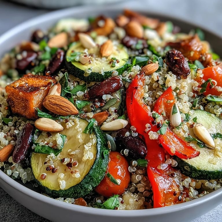 Serving suggestion for a Veggie and Quinoa Power Bowl featuring warm roasted vegetables and hearty black beans over fluffy quinoa.