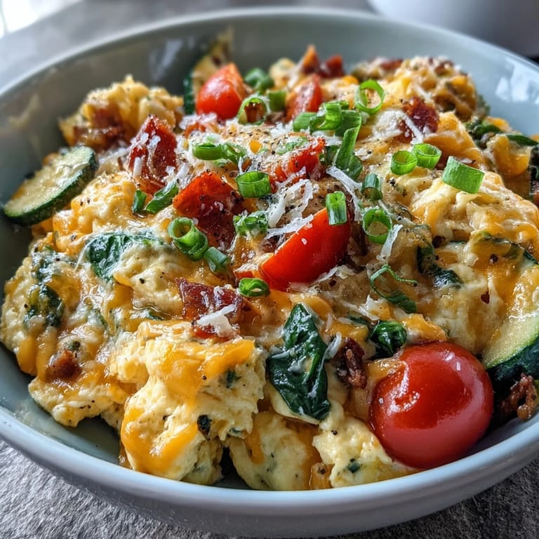 Overhead view of a cheesy scrambled egg and veggie bowl with cherry tomatoes, spinach, and red bell peppers.