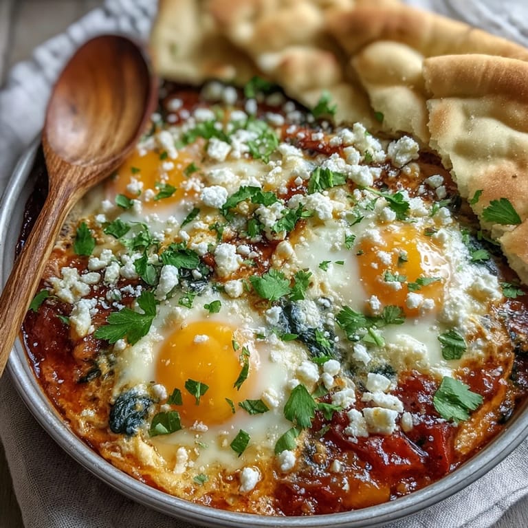 Easy Shakshuka Bowl for a cozy brunch, topped with crumbled feta and fresh parsley, alongside a side of pita.
