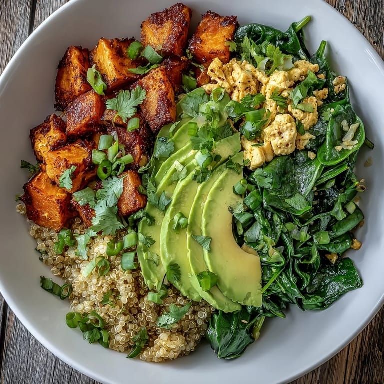 A nourishing Tofu Scramble Vegan Breakfast Bowl with fluffy quinoa and sautéed spinach.