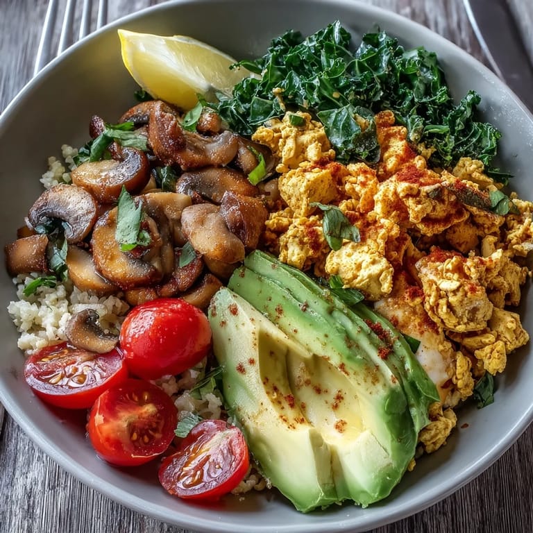 A rustic wooden table displays a hearty Scrambled Tofu Breakfast Bowl, showcasing the textured tofu scramble and greens nestled on a warm whole wheat couscous base.