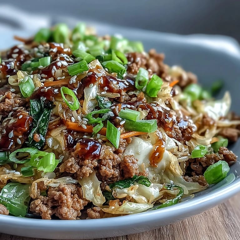 Fragrant garlic and ginger sauté in the skillet before the colorful cabbage mix gets wilted for this Egg Roll in a Bowl.