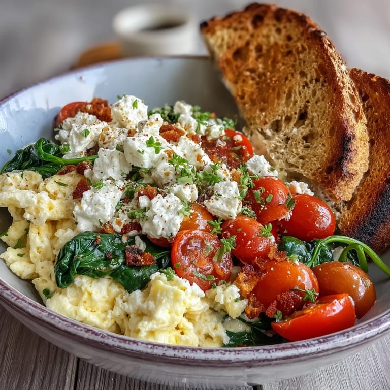 A Mediterranean-inspired spinach and feta breakfast bowl served warm with sautéed greens, creamy cheese, and crisp whole grain bread.