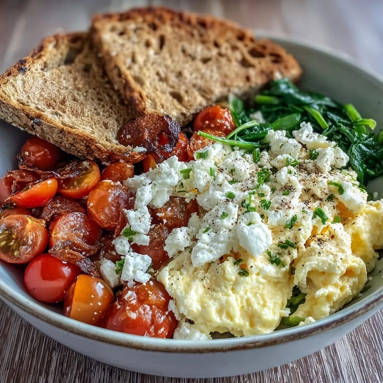 Vibrant scrambled eggs and spinach feta breakfast bowl garnished with fresh parsley and red pepper flakes, ready to enjoy.