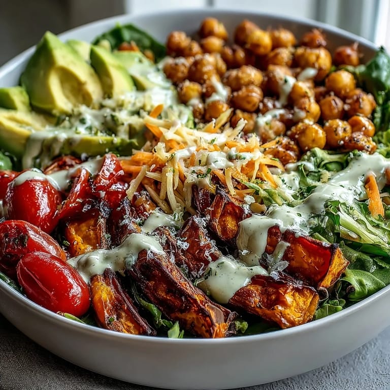 A vibrant breakfast buddha bowl ready to serve, featuring mixed greens, avocado slices, and drizzled tahini dressing.