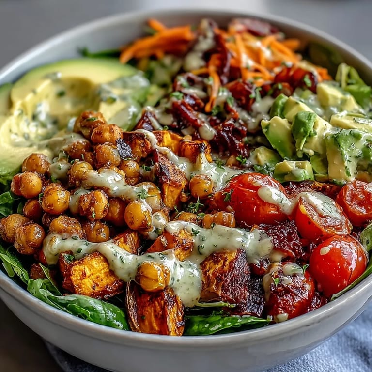 Savory roasted sweet potatoes and spiced chickpeas in a breakfast buddha bowl with cherry tomatoes and shredded carrot.