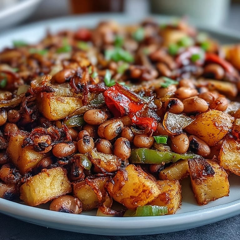 Savory black-eyed pea hash with crispy potatoes and bell peppers served on a plate topped with fresh parsley.