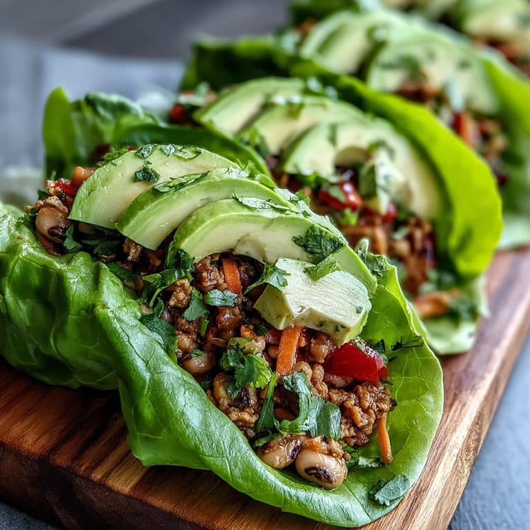 A close-up of protein-packed Black-Eyed Pea Lettuce Wraps, featuring diced red peppers and cherry tomatoes on a rustic platter.