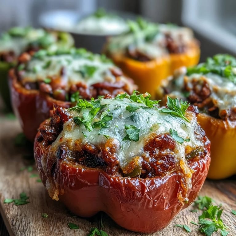 Close-up of a Black-Eyed Pea Stuffed Pepper revealing a hearty, spiced filling topped with melted cheese and parsley.