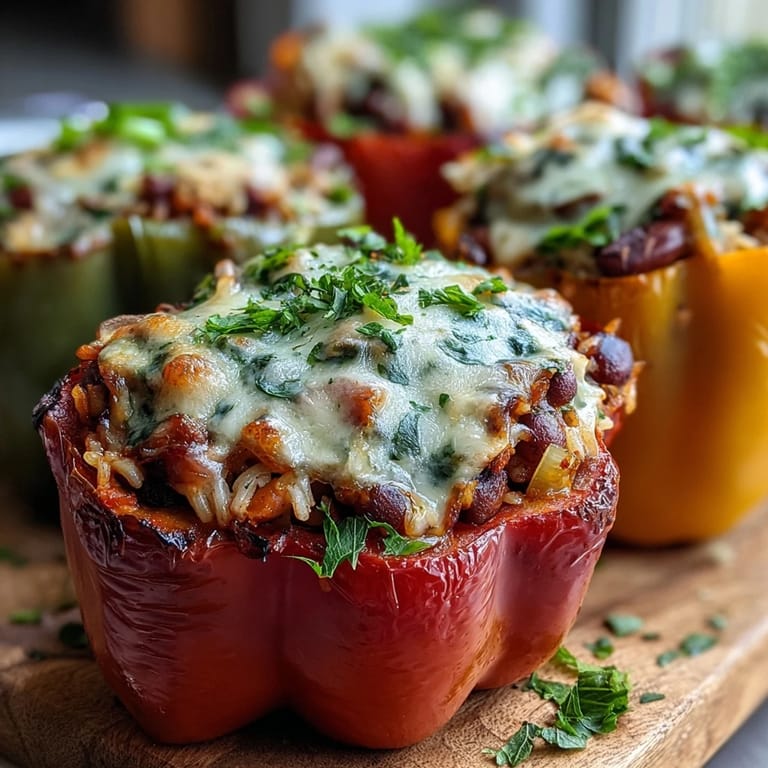 Freshly baked Black-Eyed Pea Stuffed Peppers served warm in a baking dish, garnished with extra parsley for a wholesome vegetarian meal.