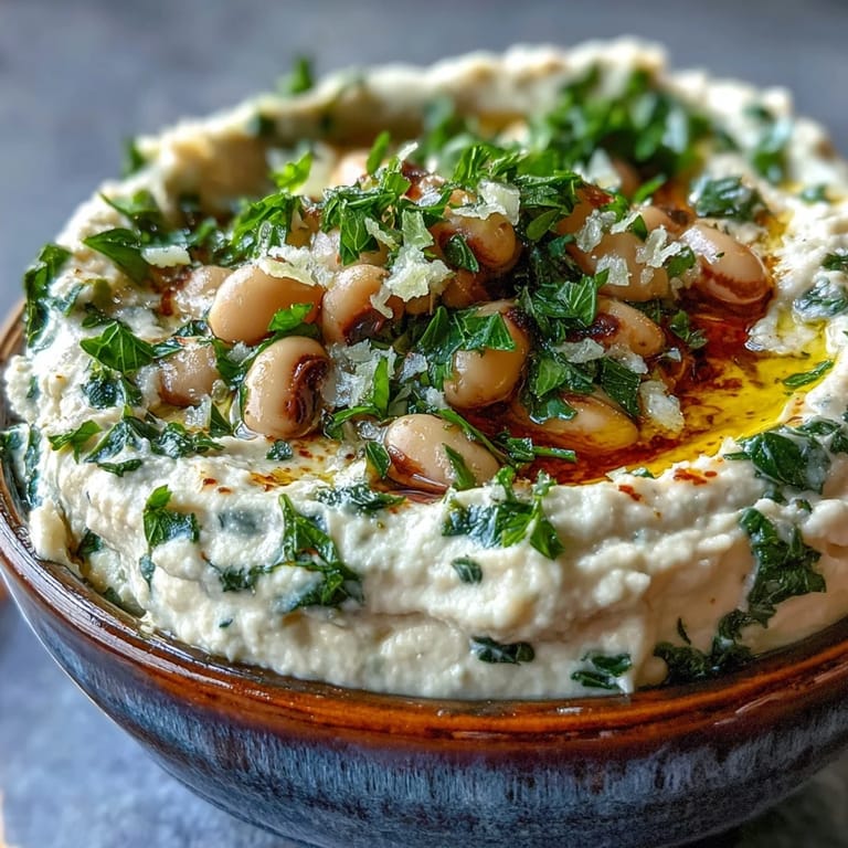 Southern-style Smashed Black-Eyed Peas featuring garlic, lemon zest, and olive oil, served in a rustic ceramic bowl.