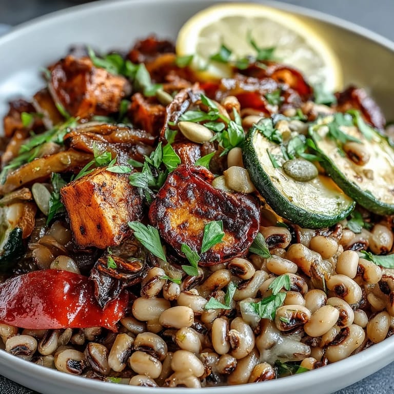 Vibrant roasted zucchini and red onion make this Black-Eyed Pea Grain Bowl a perfect, colorful vegetarian dinner.