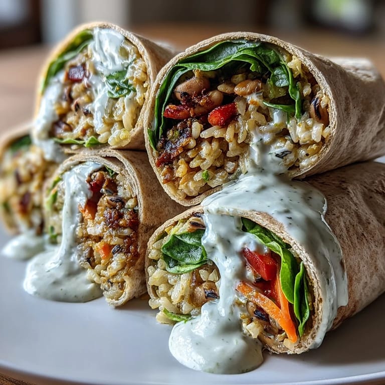 Close-up of loaded Black-Eyed Pea Wraps cut in half, revealing layers of brown rice, cucumbers, and tangy dressing.