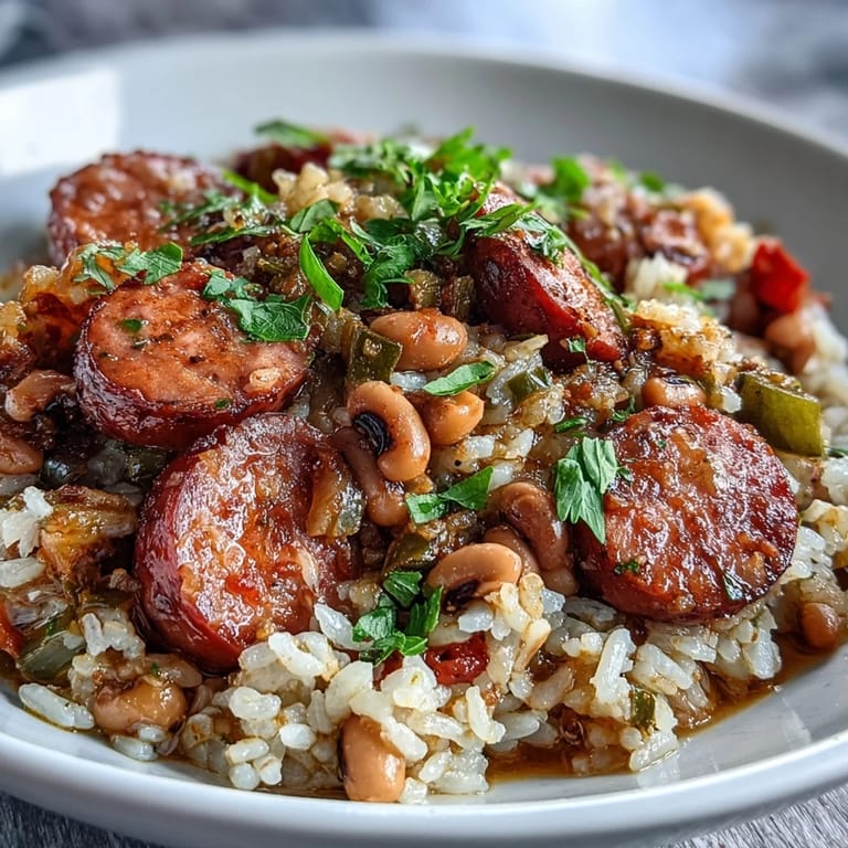 Sizzling Black-Eyed Pea Jambalaya in a Dutch oven, featuring tender rice, smoked sausage, and vibrant vegetables.