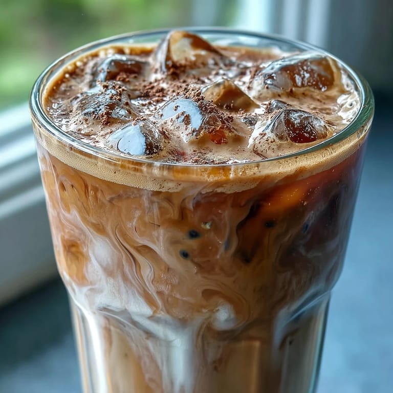 Chilled Iced Hojicha Latte with maple syrup and vanilla, stirred gently in a rustic glass mug.
