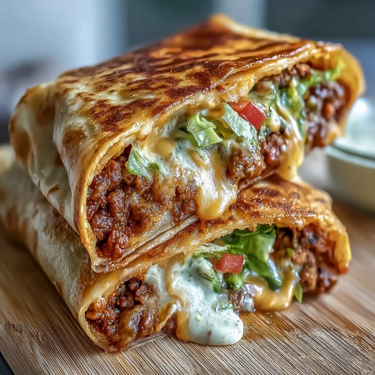 Half of a Keto Crunchwrap sliced open, revealing the creamy cheddar cheese sauce and juicy toppings inside.