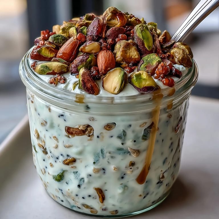 A spoon digging into creamy pistachio overnight oats with chopped nuts and a drizzle of honey.