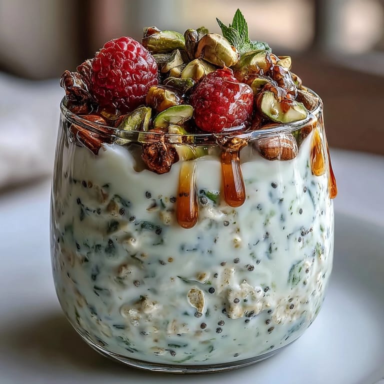 Close-up of thick pistachio overnight oats layered with Greek yogurt and chia seeds in a morning jar.