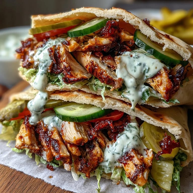 A handheld chicken Shawarma wrap stuffed with fresh cucumbers and drizzled with rich, zesty garlic sauce.