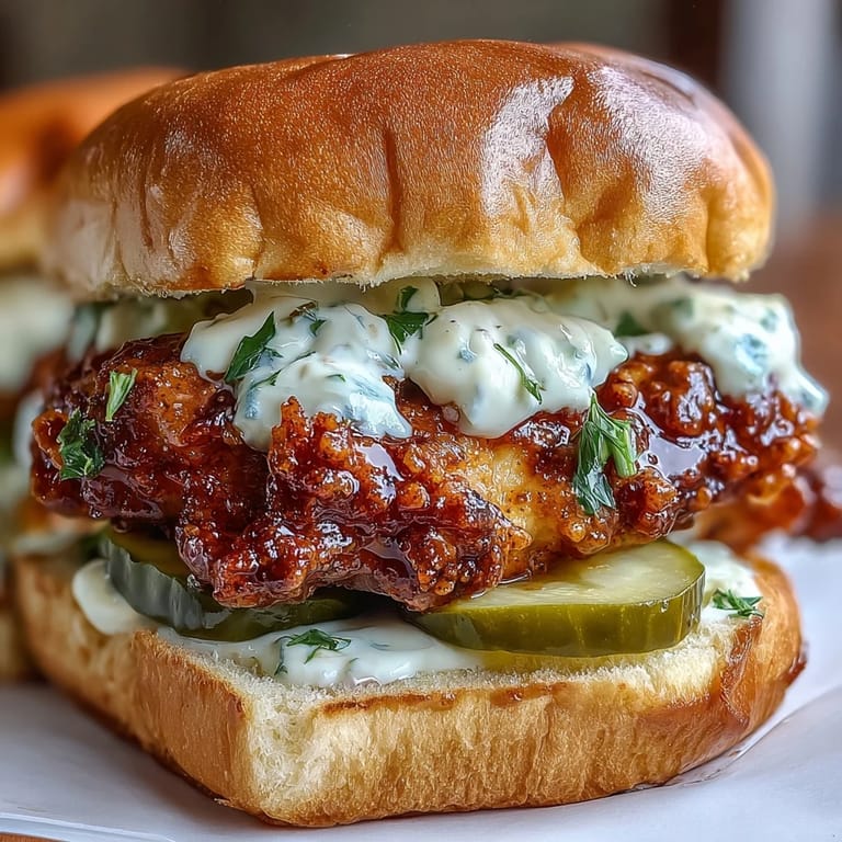 Served on a rustic wooden board, these Nashville Hot Chicken Sliders feature crispy coatings drizzled with creamy dill pickle aioli for a Southern kick.